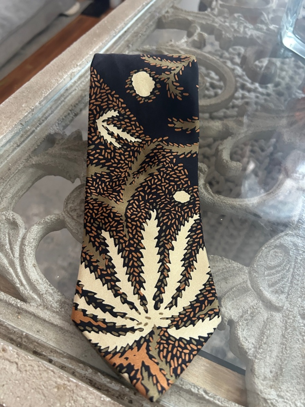 Nicole Miller Collection Black Tie with Gold and Tan Botanical Print